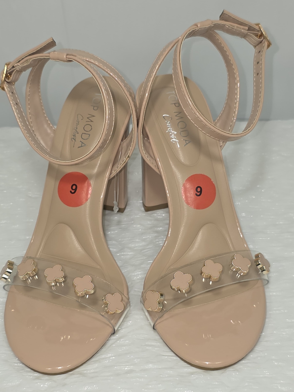 TOP Moda Beige Patent Block Heel Sandals with Floral Accents